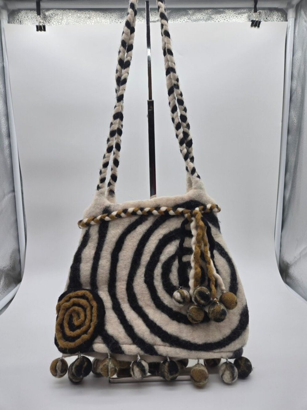 Rising Tide 100% Wool Nepal Swirl Shoulder Bag Brown Black Cream EUC